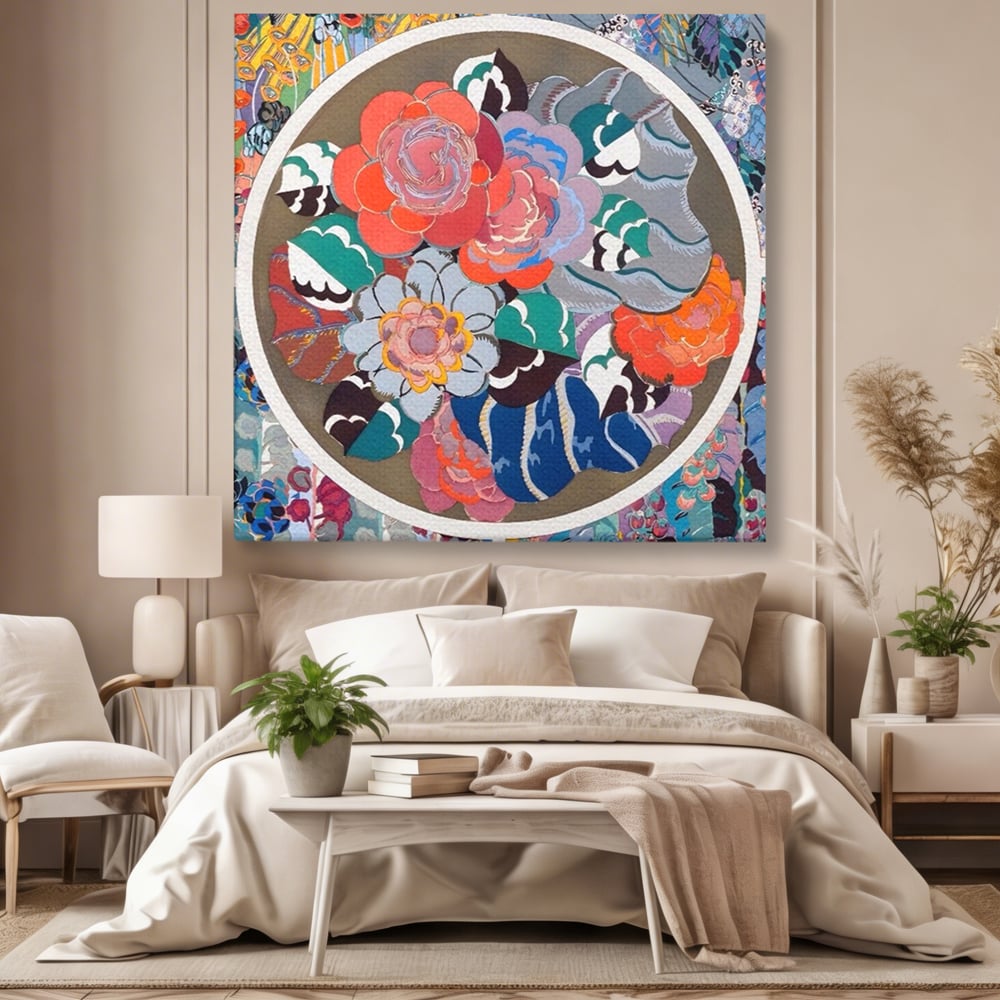 Tablou canvas cu tablou patrat cu flori colorate in cerc, fara rama, pe sasiu de lemn, pe perete intr-un dormitor